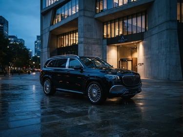 Wide-angle cinematic shot of a pristine black executive SUV parked outside a modern architectural concrete headquarters at dusk, sharp silver reflections, cool low-key lighting.