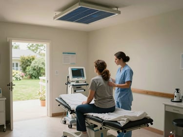 Wide environmental shot of the interior of an H-Shape health post showing a mother in examination on a clinical table, nurse standing beside her with a handheld monitor, solar-charged lighting overhead, natural daylight from doorway, photojournalistic framing