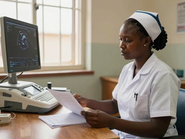 Medium shot of a South Sudanese nurse-entrepreneur at a wooden desk reviewing patient records, ultrasound machine beside her, natural light from a clinic window, warm interior, documentary framing