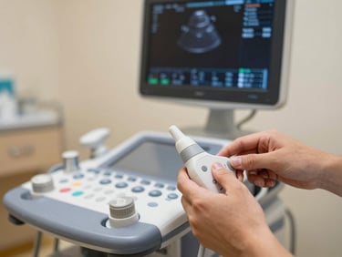 Close-up of hands adjusting a portable ultrasound probe in a clinic setting, blurred background showing H-Shape post interior, warm natural sidelight, sharp documentary detail of equipment in use