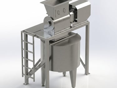 Industrial stainless steel food processing grinder with a storage tank and access ladder.