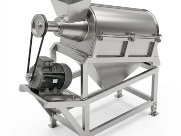Industrial stainless steel centrifugal sifter machine with electric motor for food processing.