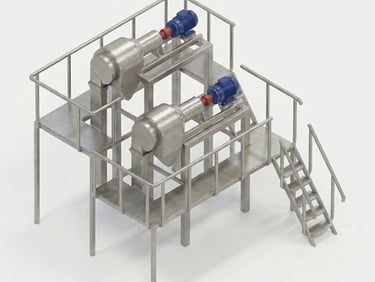 Industrial stainless steel platform with two mechanical motors and access stairs for factory processing.