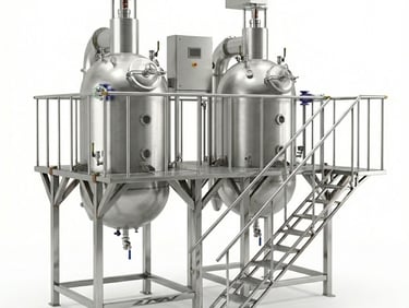 Industrial stainless steel chemical reactors on a raised platform with stairs and control panel.