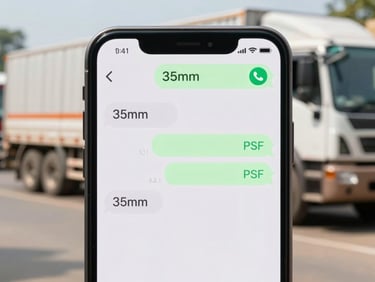 Close-up of a smartphone screen displaying a WhatsApp chat with a sent PDF lorry receipt, bright daylight, realistic texture, 35mm