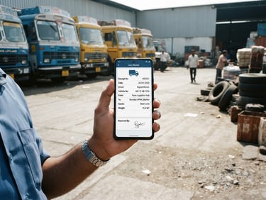 Crisp mobile app photography, a hand holding a phone showing a clean digital lorry receipt screen, bright daylight, Indian transport yard background, 35mm