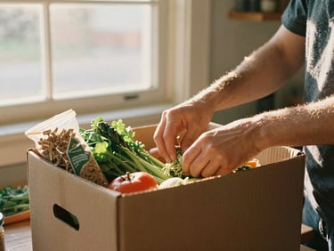 Close-up of hands carefully packing fresh produce and dry goods into a sturdy cardboard box inside a bright Ohio community center, warm golden-hour light streaming through windows, 35mm film style