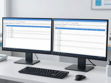 A clean, modern medical administration workspace with dual monitors displaying organized billing charts, bright neutral daylight, clinical blue tones, sharp focus, 35mm.