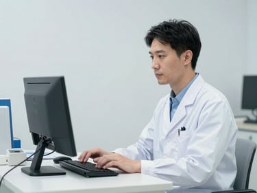 A professional medical administrator in a clean clinical environment quietly working on a computer, bright neutral lighting.