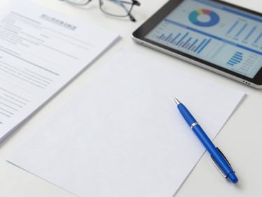 A high-angle view of an organized medical office workspace with clean documents, a tablet showing financial charts, and a slate blue pen.