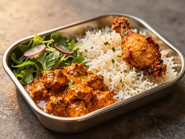 A premium stainless steel bento tray containing rich orange butter chicken, steaming basmati rice, a piece of crispy chicken pakora, and fresh salad, warm golden-hour light