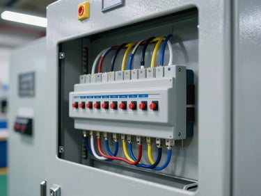 Close-up of a clean, organized electrical control panel with multi-colored wiring and safety switches, sharp focus, technical industrial lighting.