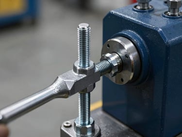 Close-up of industrial machinery bolts being tightened with a heavy-duty torque wrench, crisp metallic reflections, steel gray and navy tones, high contrast.