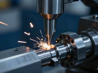Macro detail of a steel lathe tool cutting a precision metal component, glowing sparks, dark background, sharp contrast, industrial photography.
