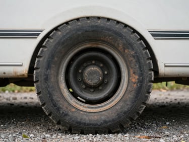 A worn, cracked caravan tire with dry rot visible in the tread gaps, parked on a gravel driveway under overcast sky.