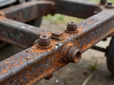 Close-up of rusted chassis bolts and a hairline fracture on an old caravan frame, raw metal texture, natural daylight.