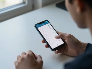 Over-the-shoulder view of a person reviewing a finance summary screen on an Android phone at a desk, minimal UI with clear data rows visible, cool daylight from a side window, hand resting naturally on the surface