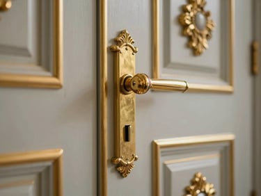 A close-up of an ornate gilded palace door handle and lock mechanism, soft ambient lighting highlighting the craftsmanship, shallow depth of field.