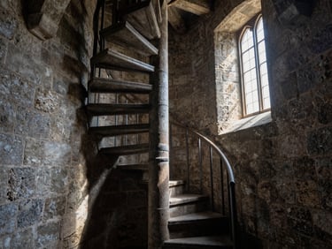 A narrow stone spiral staircase inside a medieval castle tower, dramatic shadows, morning light filtering through a slit window