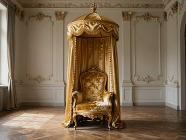 Symmetrical shot of an empty baroque throne room, a single velvet chair under a golden canopy, soft natural light from the side