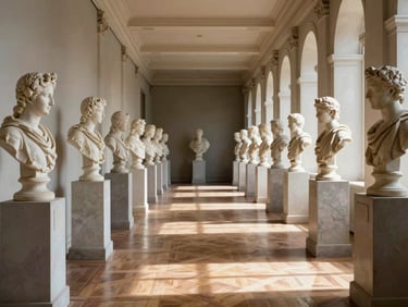 A long, symmetrical gallery lined with white marble classical busts, sunlight casting long shadows across the polished parquet floor