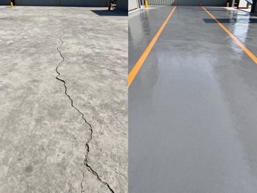 Before and after split screen showing a cracked dirty concrete factory floor, and the same floor with a smooth glossy grey epoxy finish and safety lines