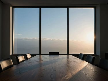 Minimalist interior of a quiet European boardroom, floor-to-ceiling windows with dramatic golden-hour light casting long diagonal shadows across a dark oak table
