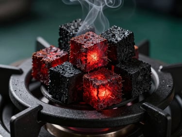 Extreme macro close-up of glowing red coconut charcoal cubes resting on a matte black metallic burner, dramatic side-lighting with cool dark-green ambient undertones, rising clean smoke plumes, high contrast.