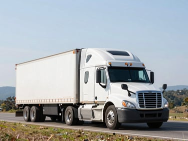 Semi-truck driving through a scenic Virginia landscape, crisp industrial photography, bright daylight, high-contrast realistic tones, professional freight fleet