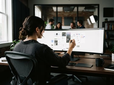 Over-the-shoulder shot of a designer refining a high-fidelity digital mockup on a large screen, sharp studio lighting, deep shadows, professional creative agency, 35mm