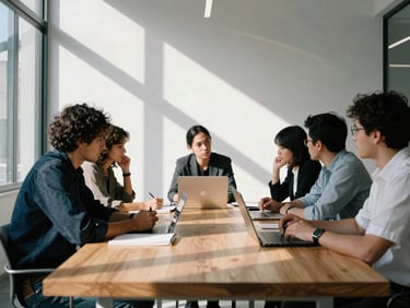 A collaborative creative strategy session around a wooden table, natural window light casting deep shadows, architectural details of a modern Mexico City workspace, 35mm