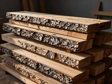 A selection of raw, weathered timber slabs stacked neatly against a dark workshop wall, natural side-light highlighting the rough bark and deep wood grain.