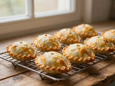 Hand-crimped golden pasties resting on a wire cooling rack in a rustic country bakery.