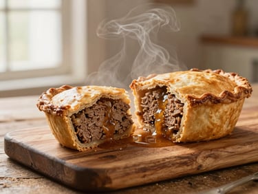 A golden-brown meat pie sliced open on a rustic wooden board, steam rising, rich gravy oozing slightly.