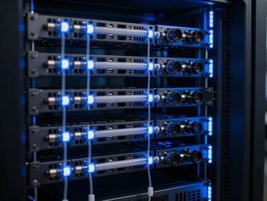 Abstract representation of data pipelines flowing through a server array, sharp blue and white accent lights, high-contrast moody professional atmosphere, 35mm lens