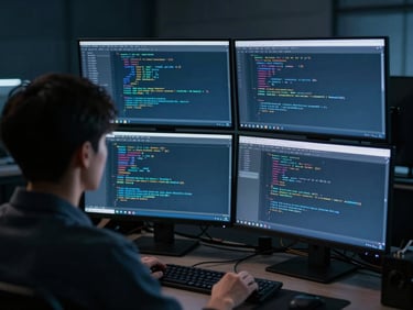 Over-the-shoulder view of an engineer analyzing code on multiple monitors, terminal windows with clean syntax visible, cool low-key studio lighting, sharp focus