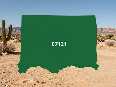 Stylized map graphic of Albuquerque, New Mexico, highlighting the West Mesa and zip code 87121 in deep juniper green and warm desert sand tones, clean vector style