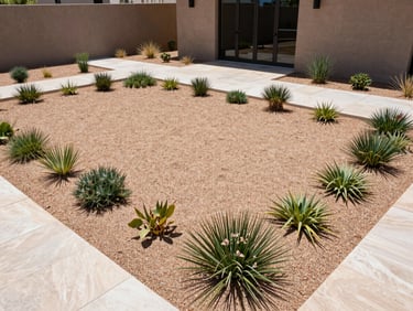 Freshly laid warm desert sand gravel with structured native plants and clean stone borders in a modern Albuquerque front yard