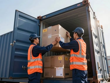 Low-angle shot of professional logistics personnel in clean uniforms securing cargo inside a modern transport container, bright morning daylight, crisp focus, 35mm lens