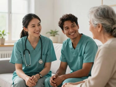 A compassionate caregiver speaking with a senior participant, both smiling, in a bright common area, subtle hints of diverse cultural elements, soft natural light, authentic.