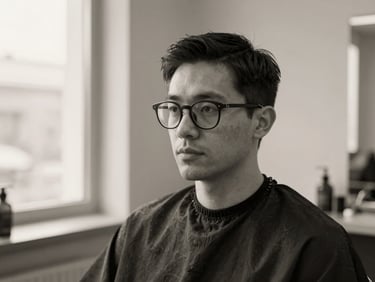 Chic black and white portrait of a male hair colorist with glasses, focused expression, minimalist workshop background, soft window light, editorial style