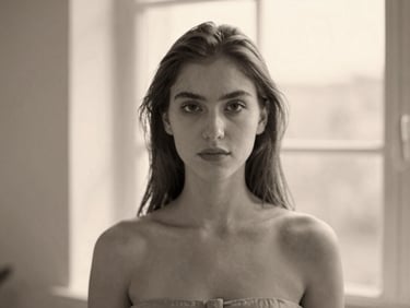 Minimalist black and white portrait of a young female stylist, warm natural lighting, soft background, editorial 35mm photography