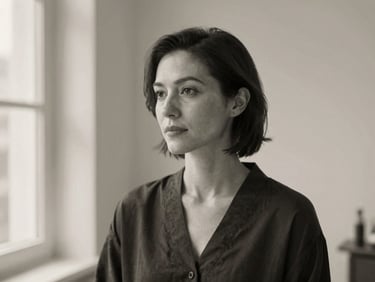 Elegant black and white portrait of a female hair stylist in her late 30s, minimalist dark clothing, neutral expression, soft natural side light, editorial 35mm photography