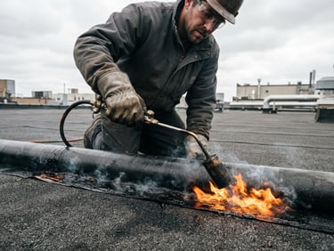 Close-up of a professional worker torching a bitumen roll on a flat roof, safety orange flames, dark charcoal background, industrial precision, overcast daylight, highly detailed