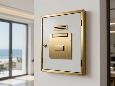 Clean, modern electrical panel with brushed brass accents in a luxury home, bright architectural lighting, sharp focus, 35mm