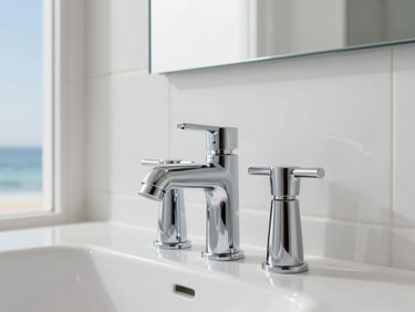 High-end plumbing fixtures in a luxury bathroom, pristine and polished, with soft architectural lighting, sharp focus, 35mm