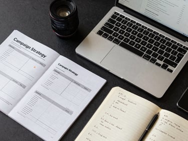 Overhead flat-lay of a campaign strategy document with printed weekly performance charts, a laptop open to a Meta Ads interface, and a notebook with handwritten KPI notes, clean even studio light, dark desk surface