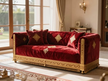 Bespoke custom Arabic Majlis seating in a luxury Dubai villa, rich crimson and gold textiles, elegant morning sunlight