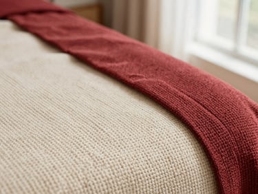 Close-up of premium villa-grade woven textiles in rich cream and soft red tones, highlighting the intricate fiber details, shallow depth of field.