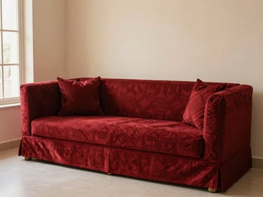 Elegant custom Arabic Majlis seating with deep crimson geometric patterns, set against a warm cream wall in a luxury Dubai home, soft natural light.